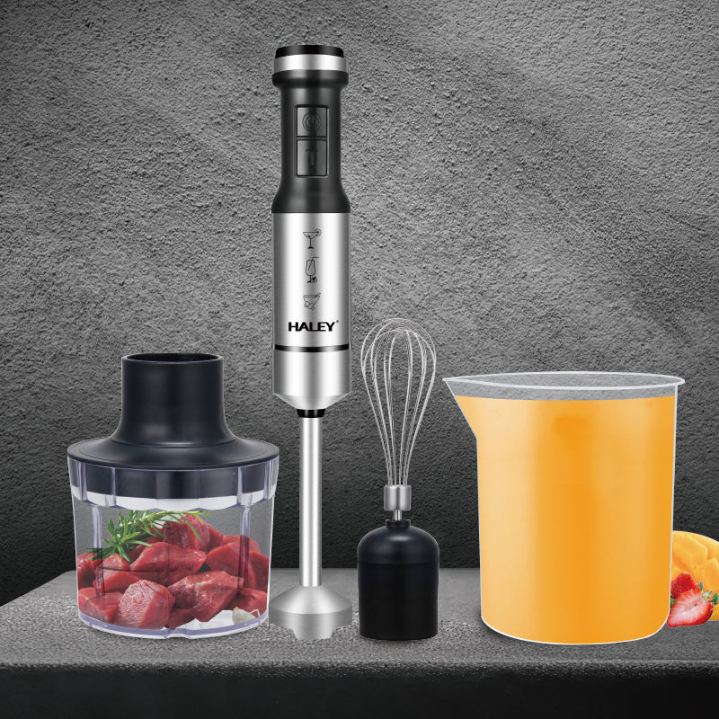 Blender de mână 4 în 1 HALEY, 1200 W, 2 viteze și turbo, picior inox, tocător, tel, pahar gradat
