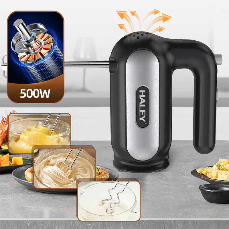 Mixer de Mână Electric HALEY HY-1676, 500W, 5 Viteze + Turbo, Cu Teluri și Cârlige din Inox, Ușor și Puternic pentru Creme, Aluat și Deserturi