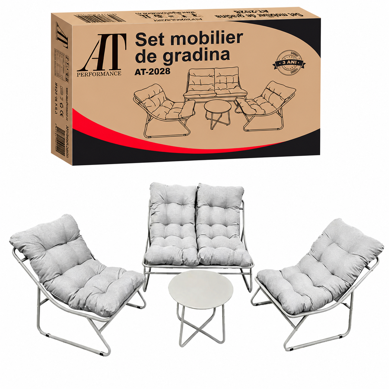 Set mobilier grădină AT Performance, 4 piese, canapea 2 locuri, 2 fotolii, măsuță 60 cm, cadru metalic