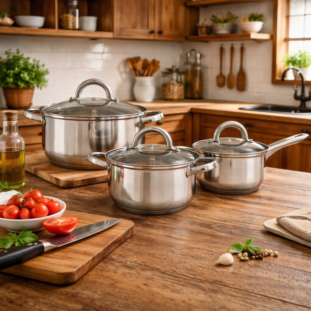 Set oale inox AT Performance, 3 piese, 1,6 L, 2,3 L și 3,1 L, capace din sticlă, compatibile inducție