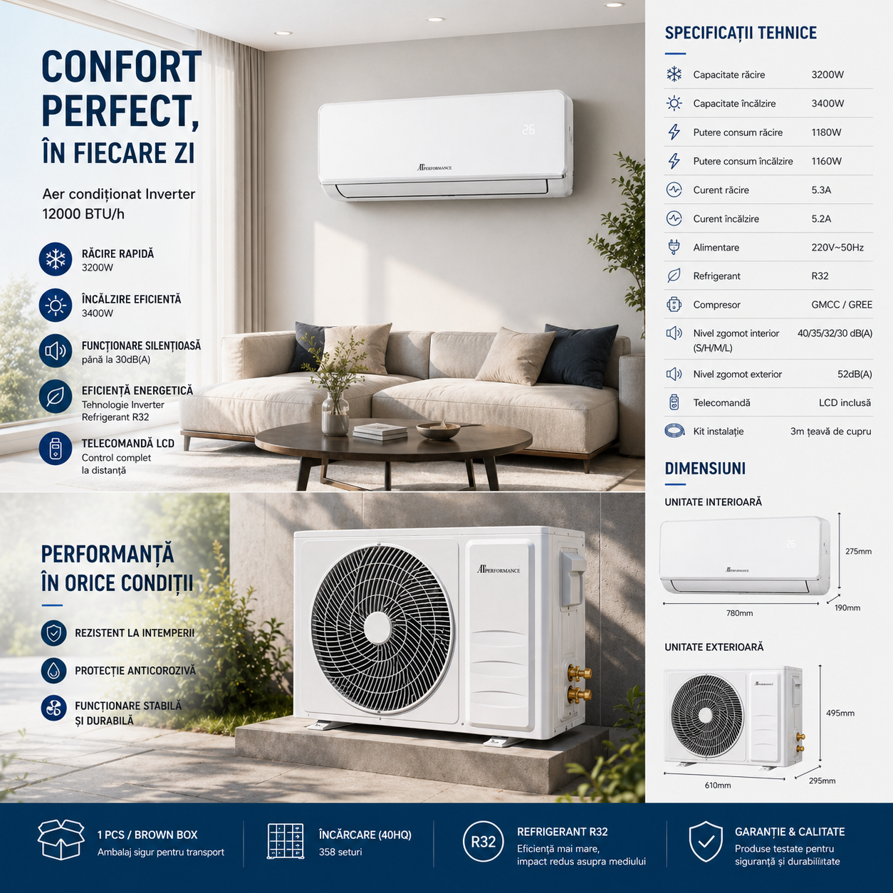 Aer condiționat inverter AT Performance, 12000 BTU, R32, răcire și încălzire, kit instalare inclus