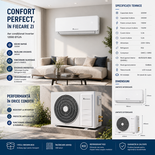 Aer condiționat inverter AT Performance, 12000 BTU, R32, răcire și încălzire, kit instalare inclus