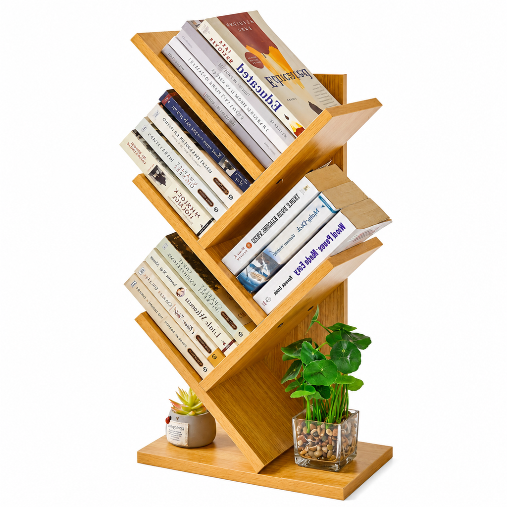 Raft pentru cărți AT Performance, 4 polițe, 26,5 x 16,8 x 59,5 cm, MDF, design tip arbore, stejar natur