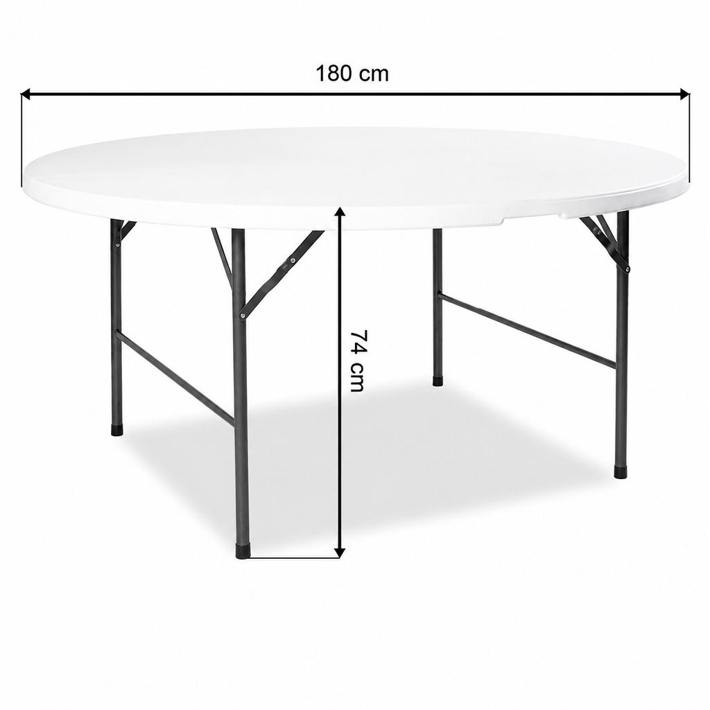 Masă pliabilă rotundă AT Performance, Ø180 cm, blat HDPE, cadru din oțel, mâner de transport, alb
