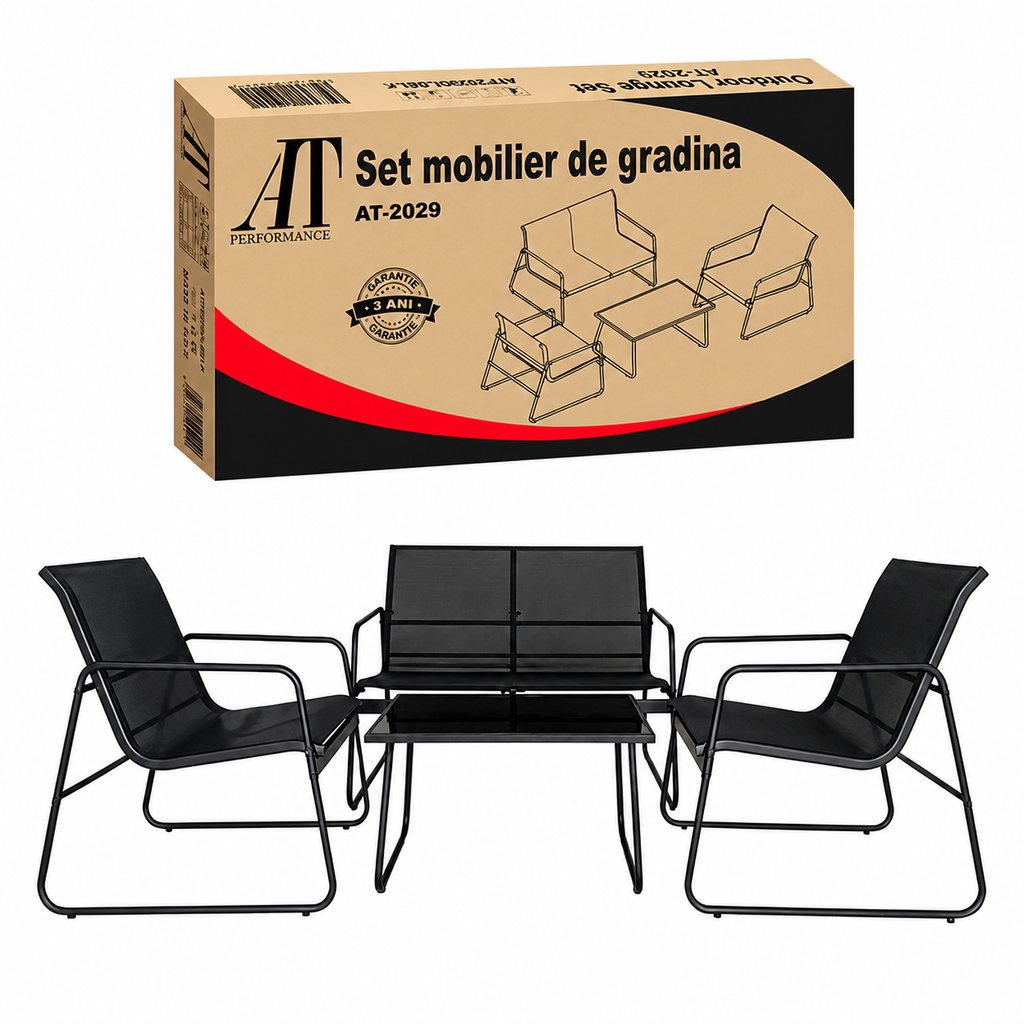 Set mobilier terasă AT Performance, 4 piese, canapea 2 locuri, 2 fotolii, măsuță cu blat sticlă, cadru metalic