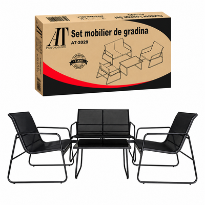 Set mobilier terasă AT Performance, 4 piese, canapea 2 locuri, 2 fotolii, măsuță cu blat sticlă, cadru metalic