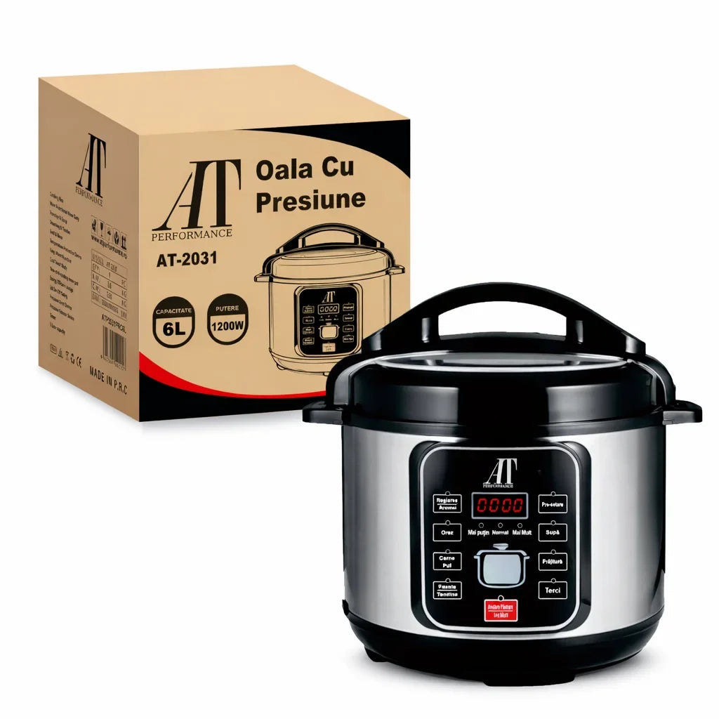 Oală electrică sub presiune AT Performance AT-2031, 6 L, 1200 W, vas antiaderent, argintiu