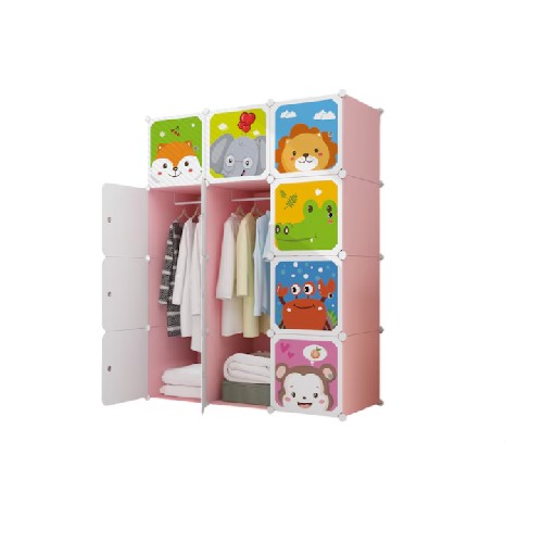 Dulap modular pentru copii AT Performance, 12 compartimente, 76x37x147 cm, model animăluțe zoo, roz