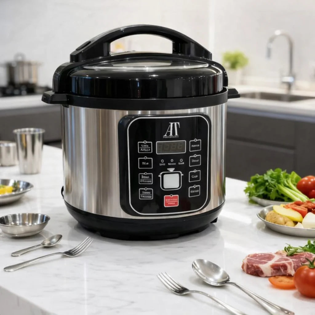 Oală electrică sub presiune AT Performance AT-2031, 6 L, 1200 W, vas antiaderent, argintiu