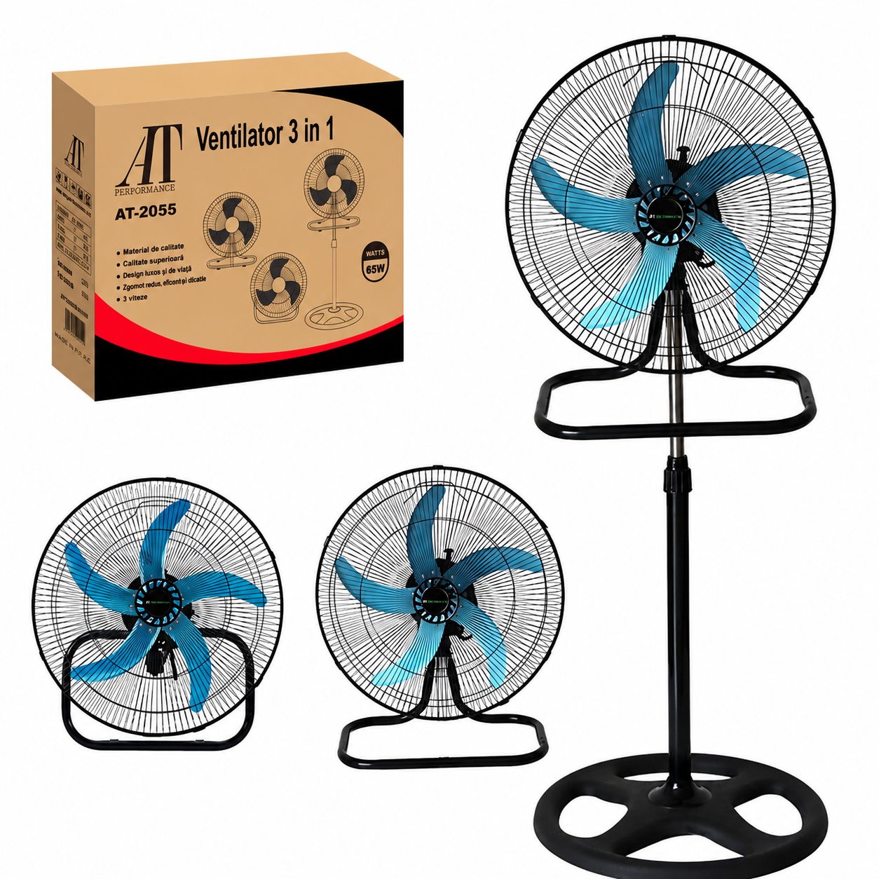 Ventilator 3 în 1 AT Performance AT-2055, 65 W, 18 inch, 3 viteze, oscilație, negru
