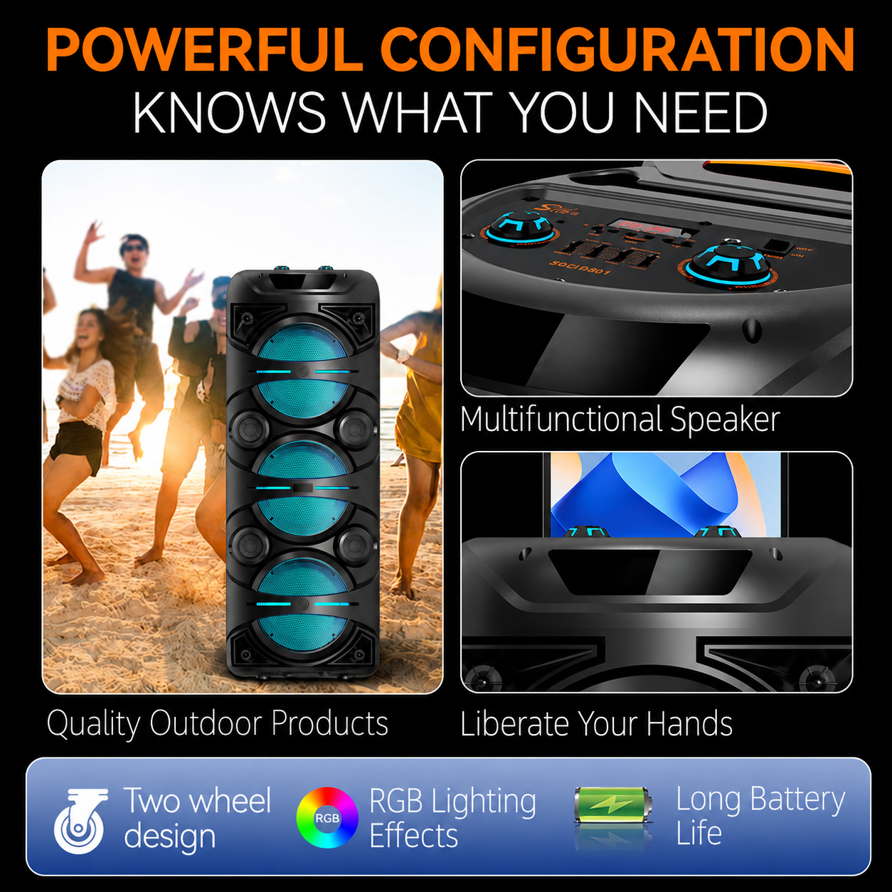 Boxă karaoke portabilă Sing-E ZQS10301, 3x10 inch, 80 W, bluetooth, LED RGB, acumulator 5000 mAh