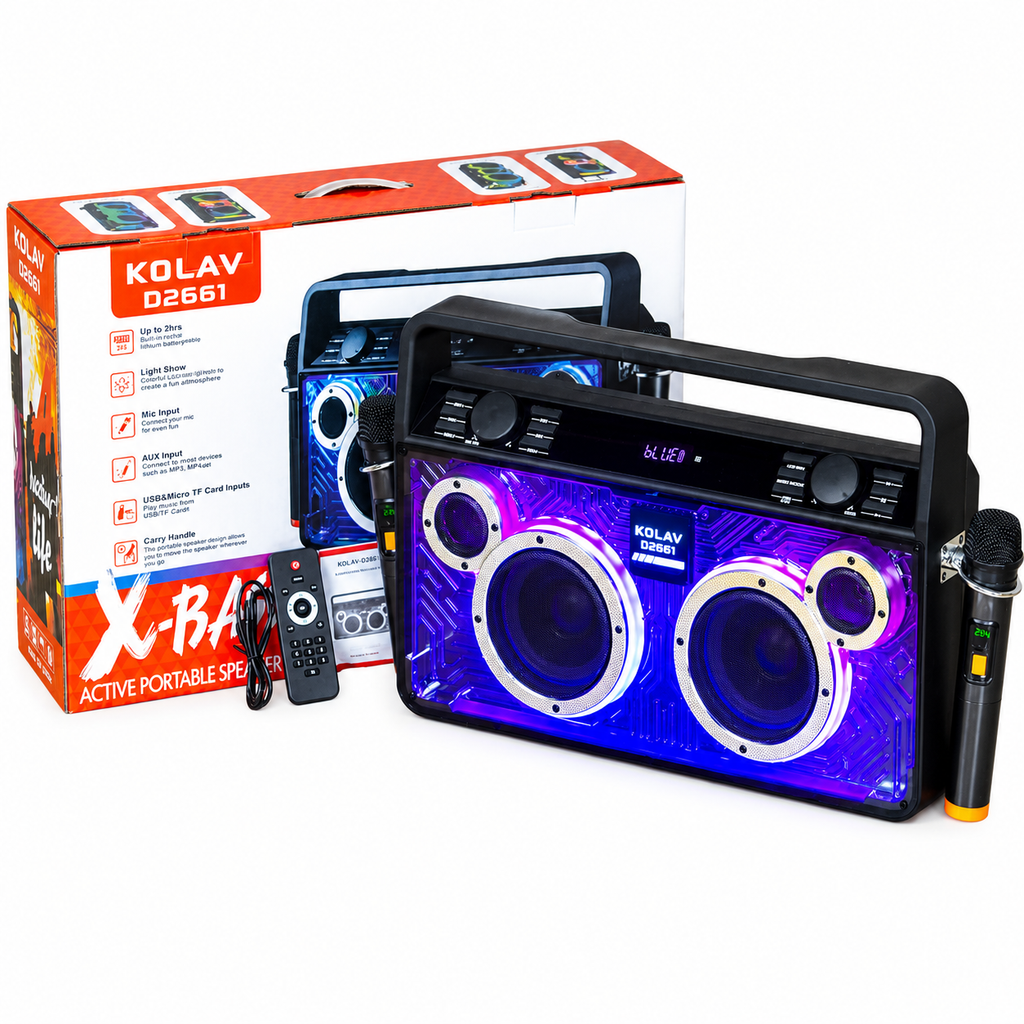 Boxă karaoke portabilă KOLAV D2661, 2x6 inch, 400 W, bluetooth 5.2, acumulator 4000 mAh, negru