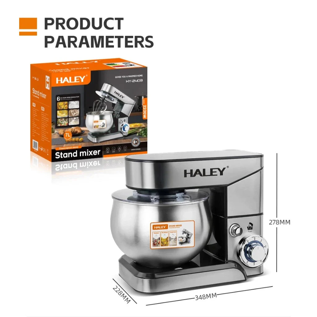 Mixer planetar HALEY HY-2403, 2200 W, bol inox 7 L, 6 viteze și turbo, argintiu