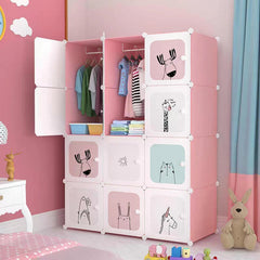 Dulap modular pentru copii, Roz, AT PERFORMANCE®, 12 rafturi Design Colorat cu Desene Jucăușe 🦄🦌🦈🦓