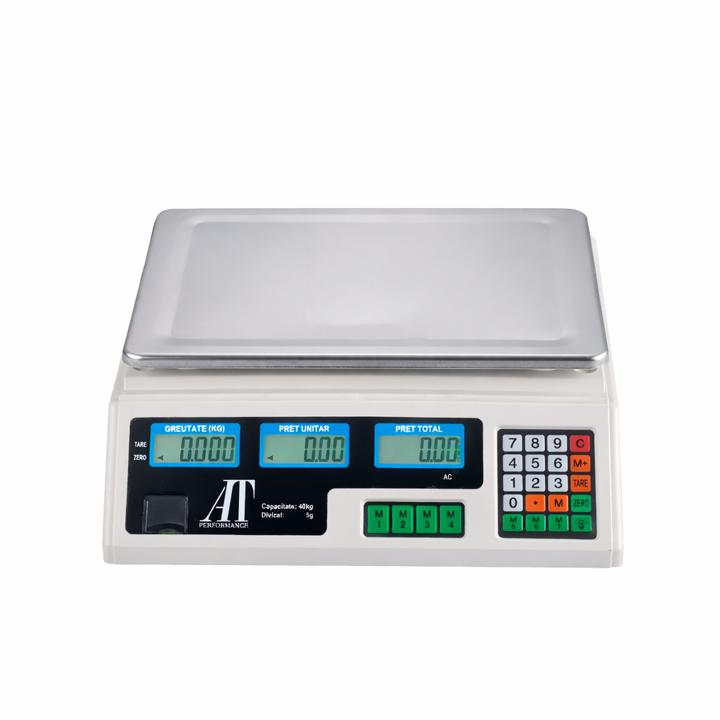 Cântar electronic comercial AT Performance, 40 kg, afișaj LCD dublu, 7 memorii, picioare reglabile