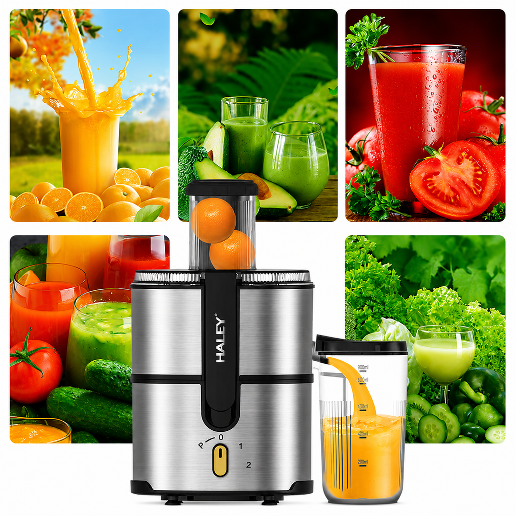 Storcător de fructe și legume HALEY HY-2963, 1000 W, tub 75 mm, 2 viteze cu Pulse, argintiu/negru