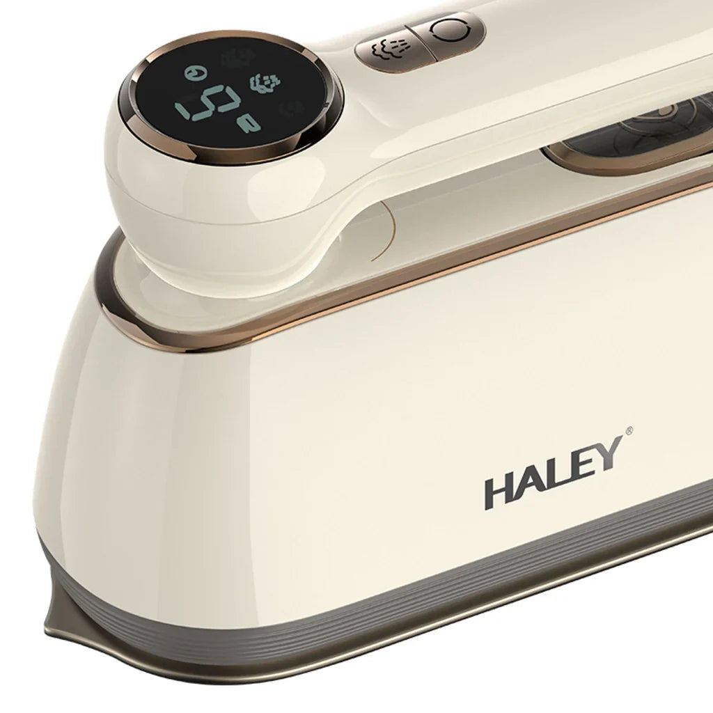 Fier de călcat vertical cu abur HALEY HY-2005, 2000 W, rezervor 150 ml, talpă inox, ecran LED, alb crem