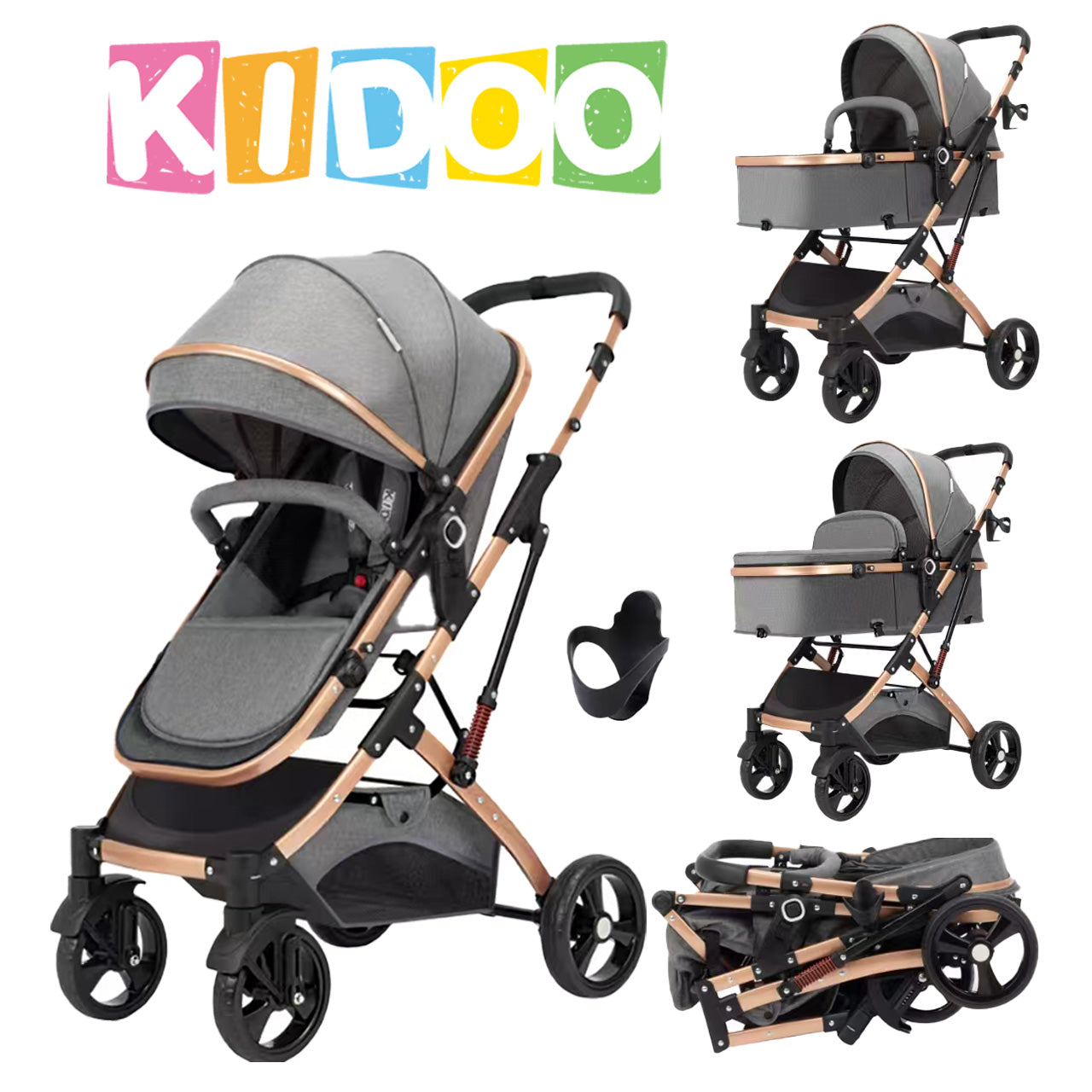Cărucior 2 în 1 KIDOO pentru bebeluși, 0-36 luni, max 15 kg, ham în 5 puncte, scaun reversibil, pliabil