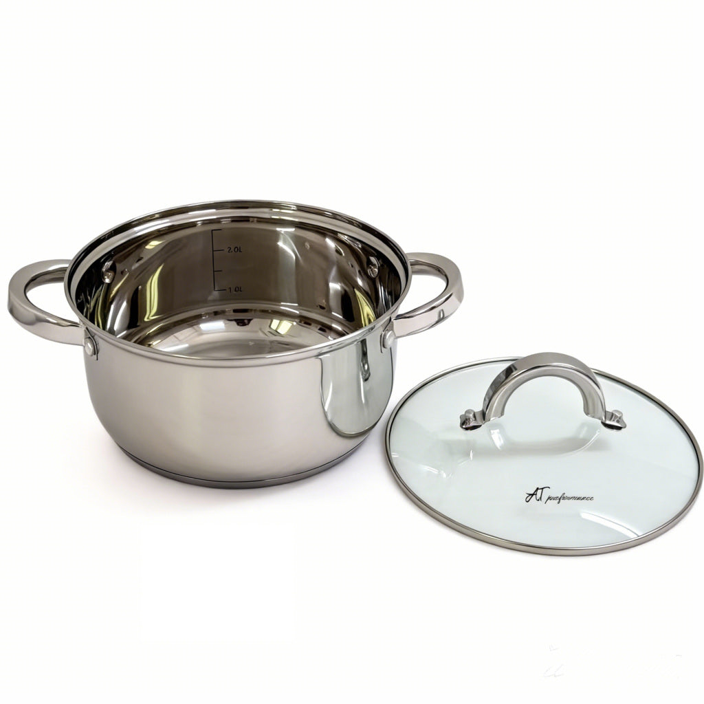 Set oale inox AT Performance, 3 piese, 1,6 L, 2,3 L și 3,1 L, capace din sticlă, compatibile inducție