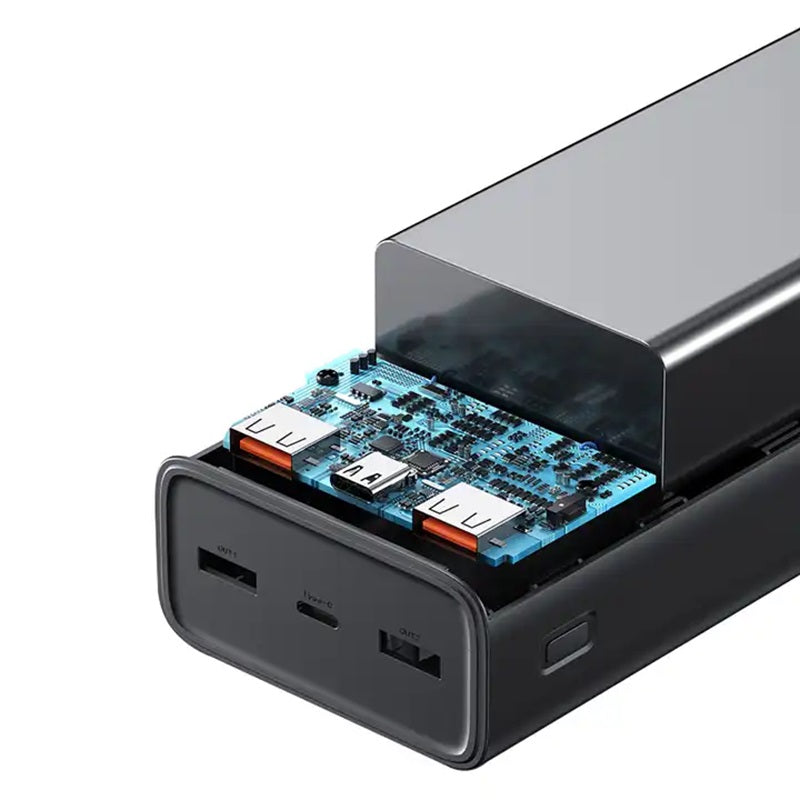 Baterie externă USAMS, 30000 mAh, 22.5W fast charge, display LED digital, ieșiri multiple USB, negru