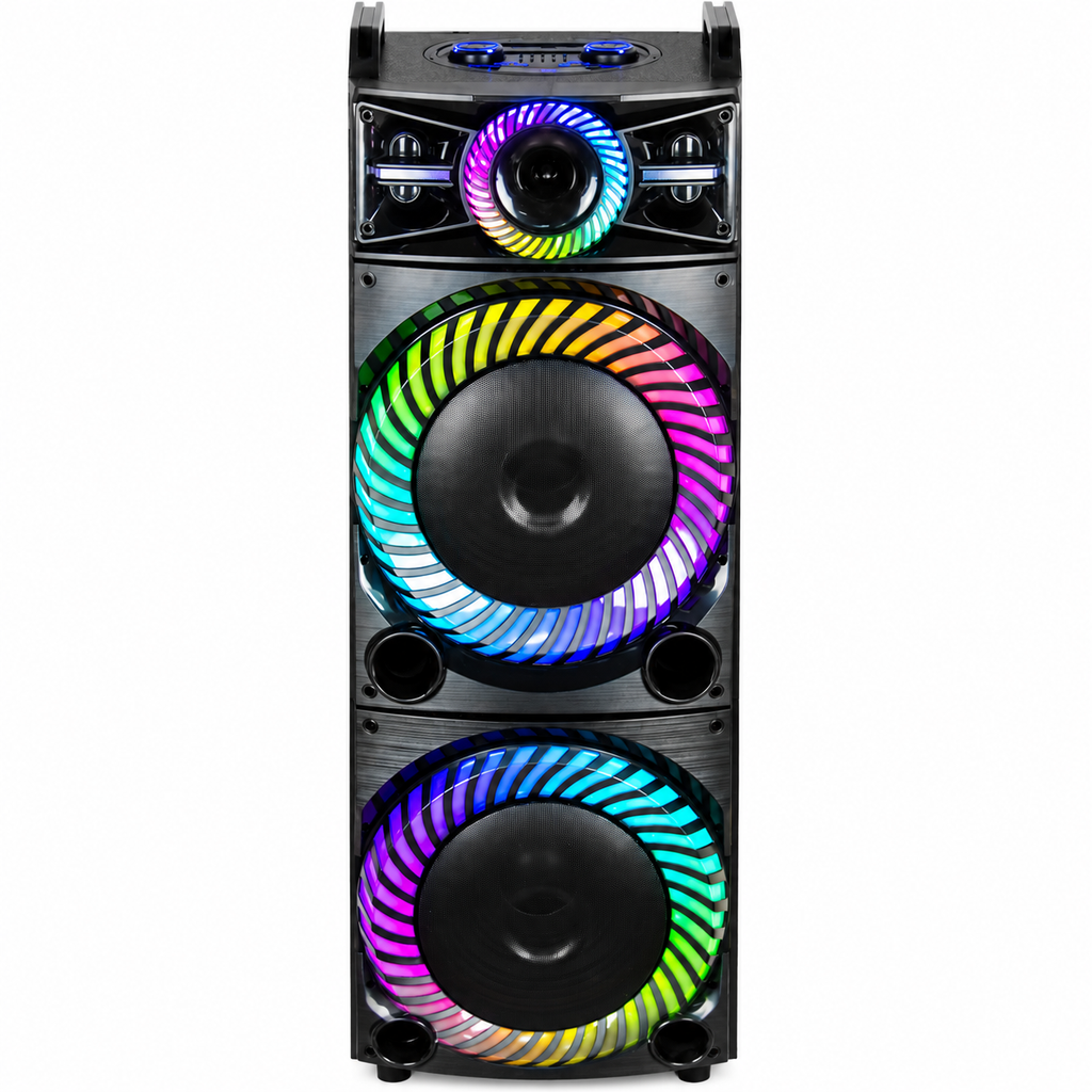 Boxă karaoke portabilă AT Performance KOLAV-F5514, 2250 W PMPO, 2 x 15 inch, Bluetooth, TWS, RGB LED, negru