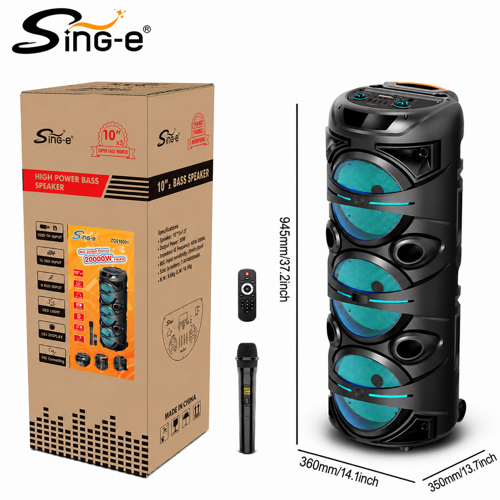 Boxă karaoke portabilă Sing-E ZQS10301, 3x10 inch, 80 W, bluetooth, LED RGB, acumulator 5000 mAh