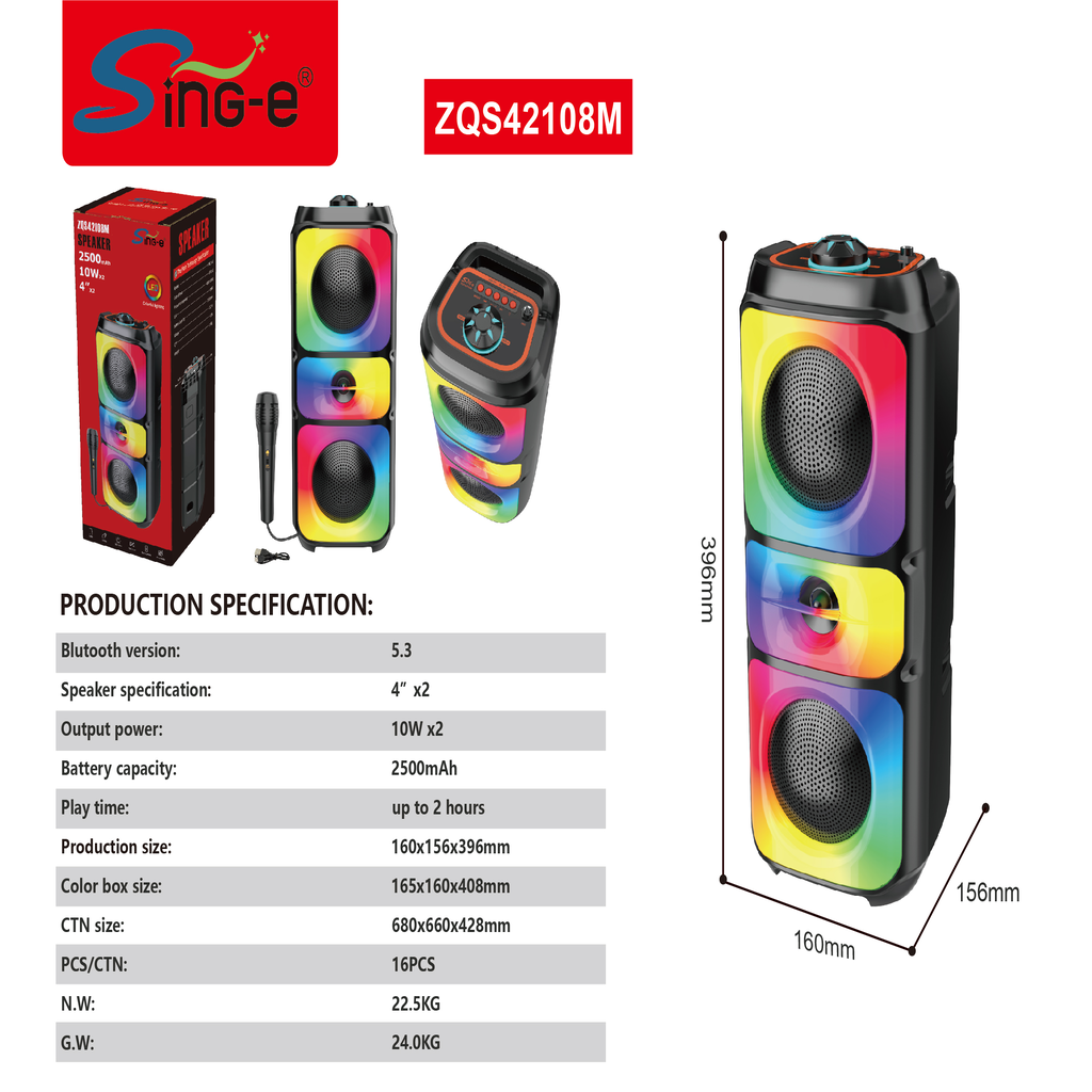 Boxă karaoke portabilă Sing-E ZQS42108M, 2x4 inch, 200 W, Bluetooth 5.3, baterie 2500 mAh, negru