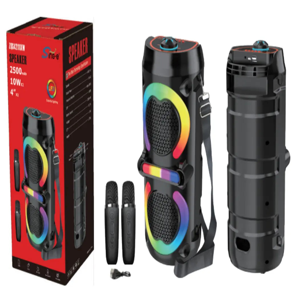Boxă karaoke portabilă AT Performance ZQS42111KW, 200 W, 2 microfoane wireless, LED RGB, negru