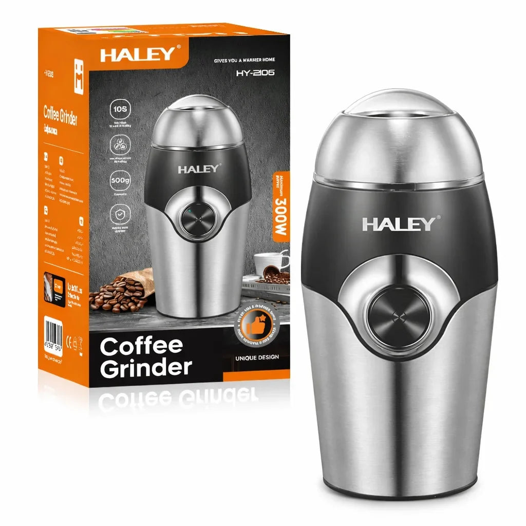 Râșniță electrică de cafea HALEY HY-2106, 200 W, 80 g, lame inox, carcasă inox și plastic