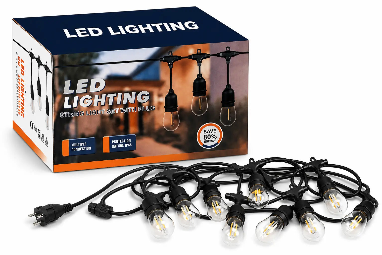 Ghirlandă luminoasă LED de exterior AT Performance, 10 m, 10 becuri Edison, IP65, alb cald