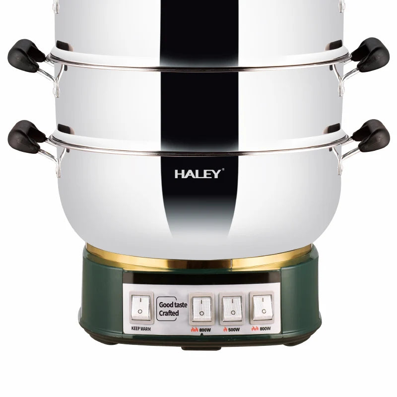 Aparat de gătit cu abur HALEY HY-501, 2100 W, 2 tăvi, 3 niveluri de putere, inox