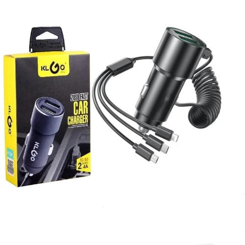 Încărcător auto KLGO TC-03, 2 porturi USB, 5V/3.4A, cablu 3 în 1 USB-C, Micro-USB, Lightning
