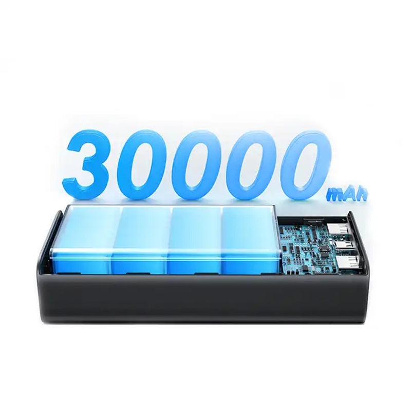 Baterie externă USAMS, 30000 mAh, 22.5W fast charge, display LED digital, ieșiri multiple USB, negru