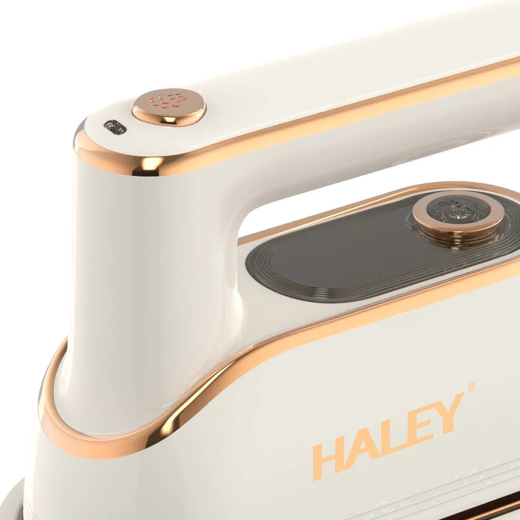 Fier de călcat vertical cu abur HALEY HY-2075, 1300 W, rezervor 150 ml, talpă ceramică, alb cu auriu rose