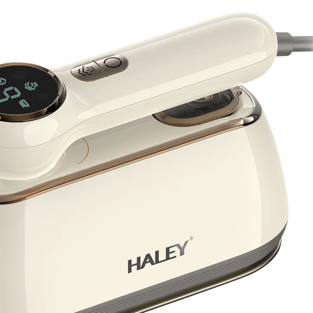 Fier de călcat vertical cu abur HALEY HY-2005, 2000 W, rezervor 150 ml, talpă inox, ecran LED, alb crem