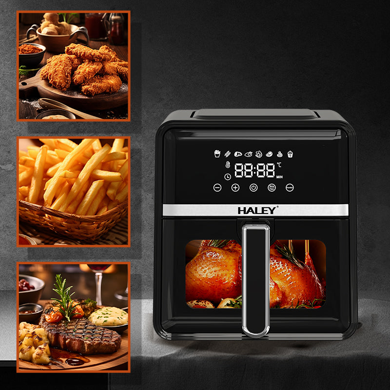 Friteuză cu Aer Cald HALEY 7L, 2000W – Gătire 360°, Touchscreen Holografic, Geam Vizualizare 180°, 8 Programe, Fără Ulei | Gătit Sănătos și Crocant