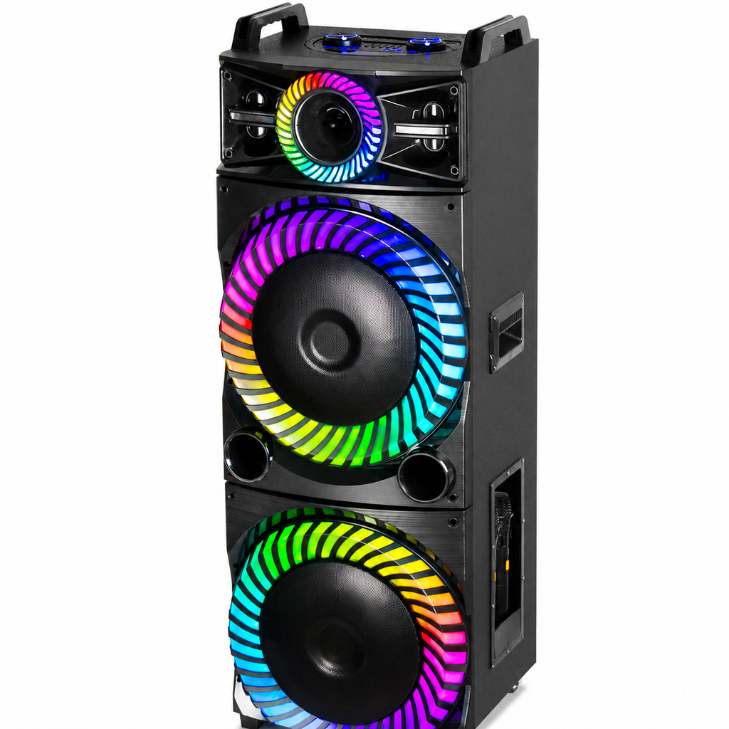 Boxă karaoke portabilă AT Performance KOLAV-F5514, 2250 W PMPO, 2 x 15 inch, Bluetooth, TWS, RGB LED, negru