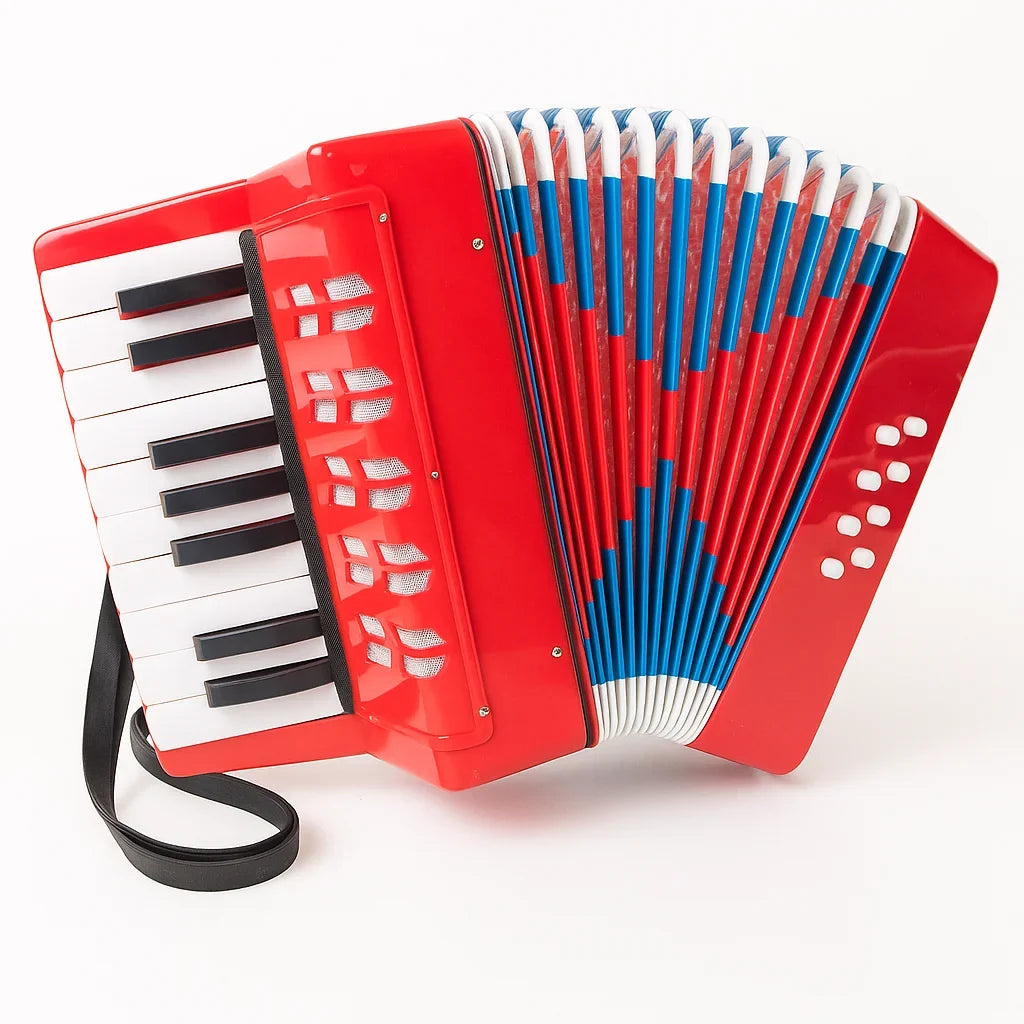 Acordeon de jucărie AT Performance, 17 clape, 8 bași, 23 x 10 x 22 cm, 1.5 kg, albastru sidef
