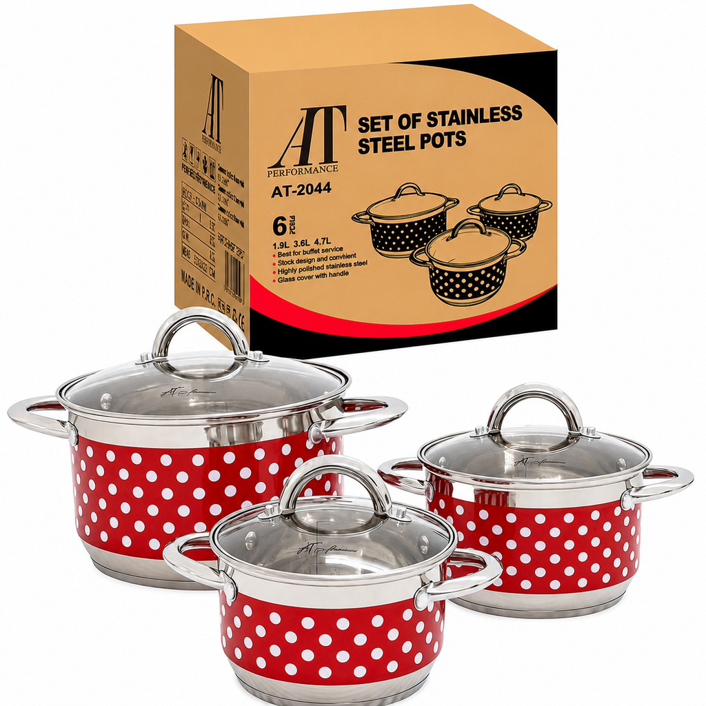 Set oale inox AT Performance, 3 piese, 1,9 L, 3,6 L și 4,7 L, capace din sticlă, model cu buline