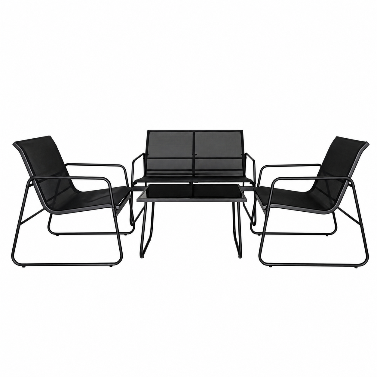 Set mobilier terasă AT Performance, 4 piese, canapea 2 locuri, 2 fotolii, măsuță cu blat sticlă, cadru metalic