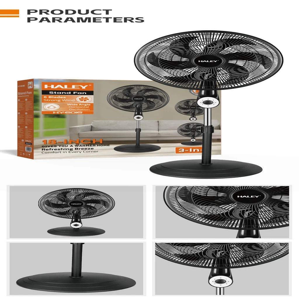 Ventilator cu picior HALEY HY-6016, 18 inch, 6 pale, 3 viteze, înălțime reglabilă, negru