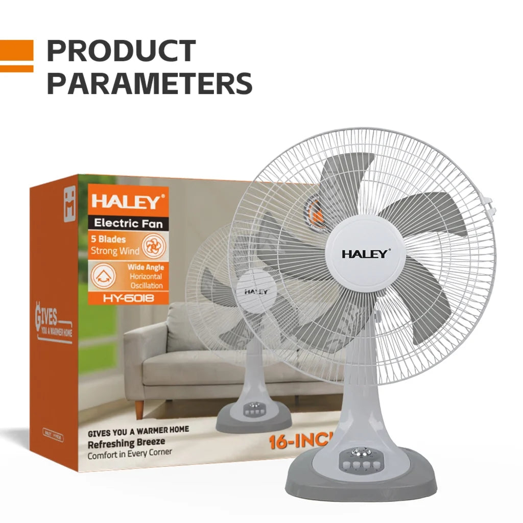 Ventilator de masă HALEY HY-6018, 16 inch, 5 pale, 3 viteze, oscilație orizontală, alb