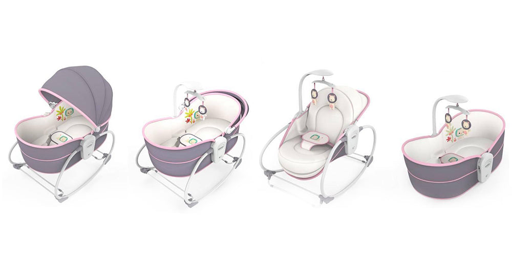 Balansoar electric pentru bebeluși Mastela 5 în 1, până la 15 kg, bluetooth cu telecomandă, set hrănire 10 piese, roz