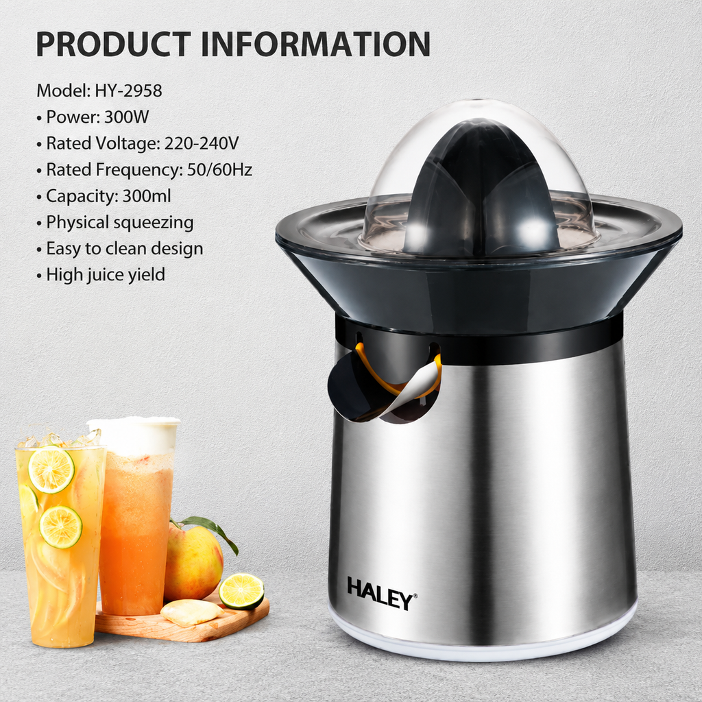 Storcător de citrice electric HALEY HY-2958, 300 W, recipient 300 ml, finisaj inox, negru