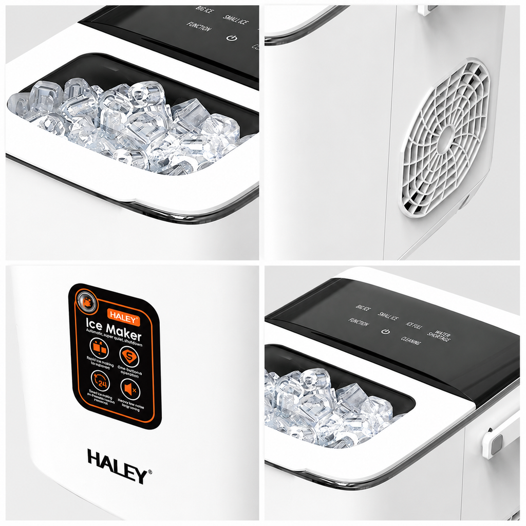 Mașină de gheață HALEY HY-6101, 100 W, 12 kg/24h, rezervor 1,8 L, 2 dimensiuni cuburi, alb