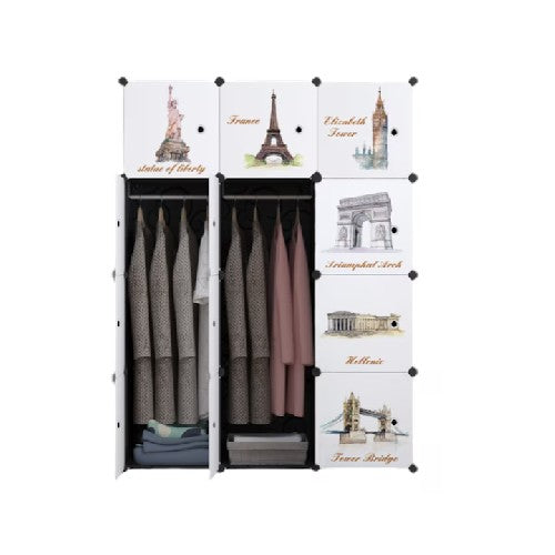 Dulap modular pentru copii AT Performance, 12 compartimente, 110x37x147 cm, model monumente, negru cu alb