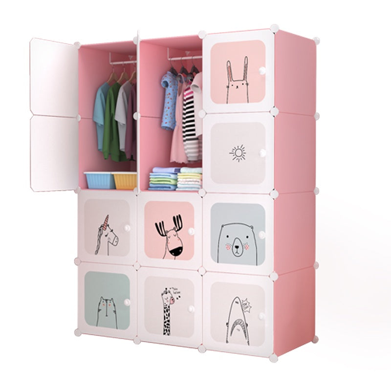 Dulap modular pentru copii, Roz, AT PERFORMANCE®, 12 rafturi Design Colorat cu Desene Jucăușe 🦄🦌🦈🦓