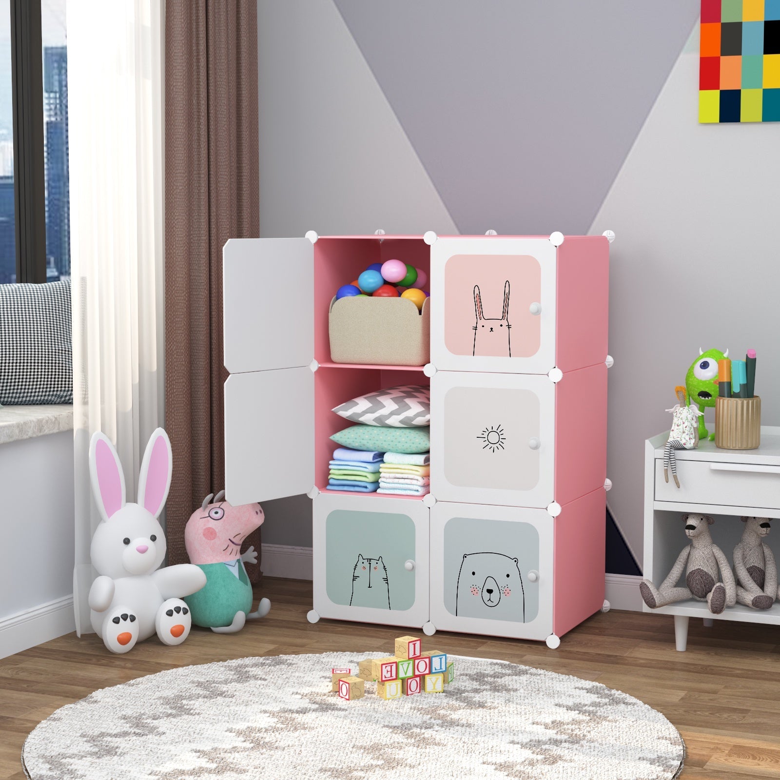 Dulap modular pentru copii AT Performance, 6 rafturi, 74x37x110 cm, plastic dur, roz