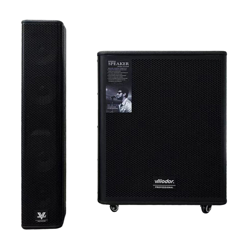 Sistem audio activ cu subwoofer Vlliodor, 1900 W RMS, 3800 W peak, DSP, 2 microfoane wireless