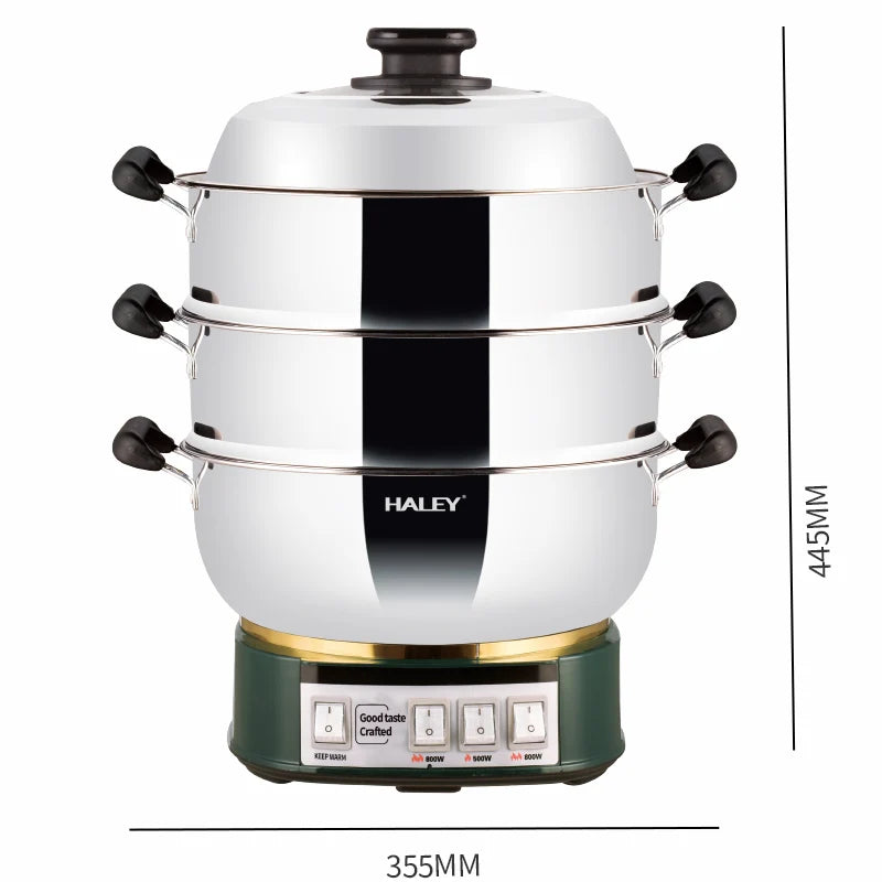 Aparat de gătit cu abur HALEY HY-501, 2100 W, 2 tăvi, 3 niveluri de putere, inox